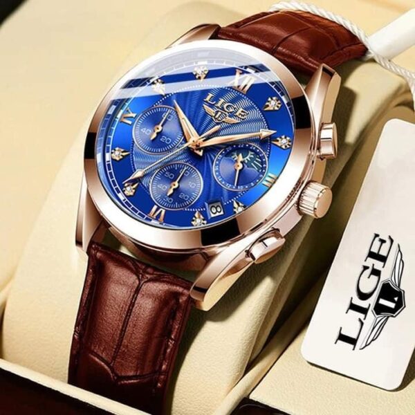 LIGE Fashion Leather Casual Waterproof Watches for Men