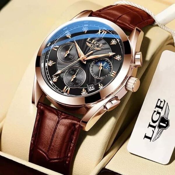 LIGE Fashion Leather Casual Waterproof Watches for Men - Image 2